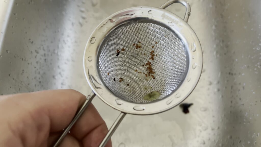 Blueberry seeds collected in a fine mesh sieve after smashing the berries