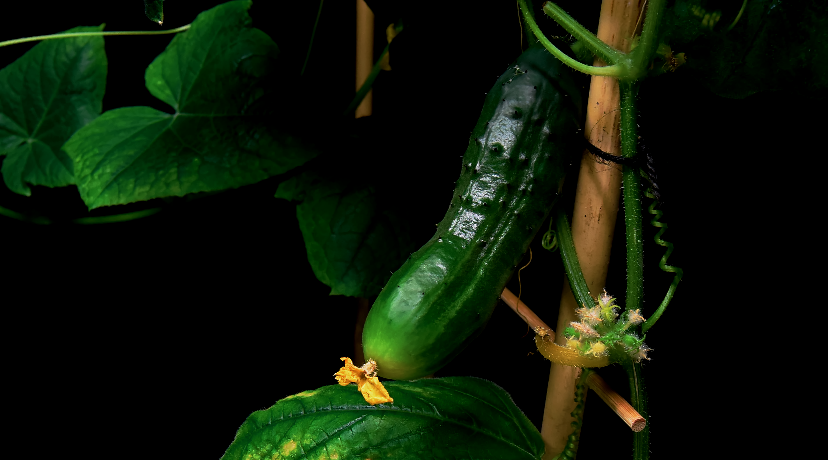 Mature cucumber nearly ready to harvest hanging on the vine