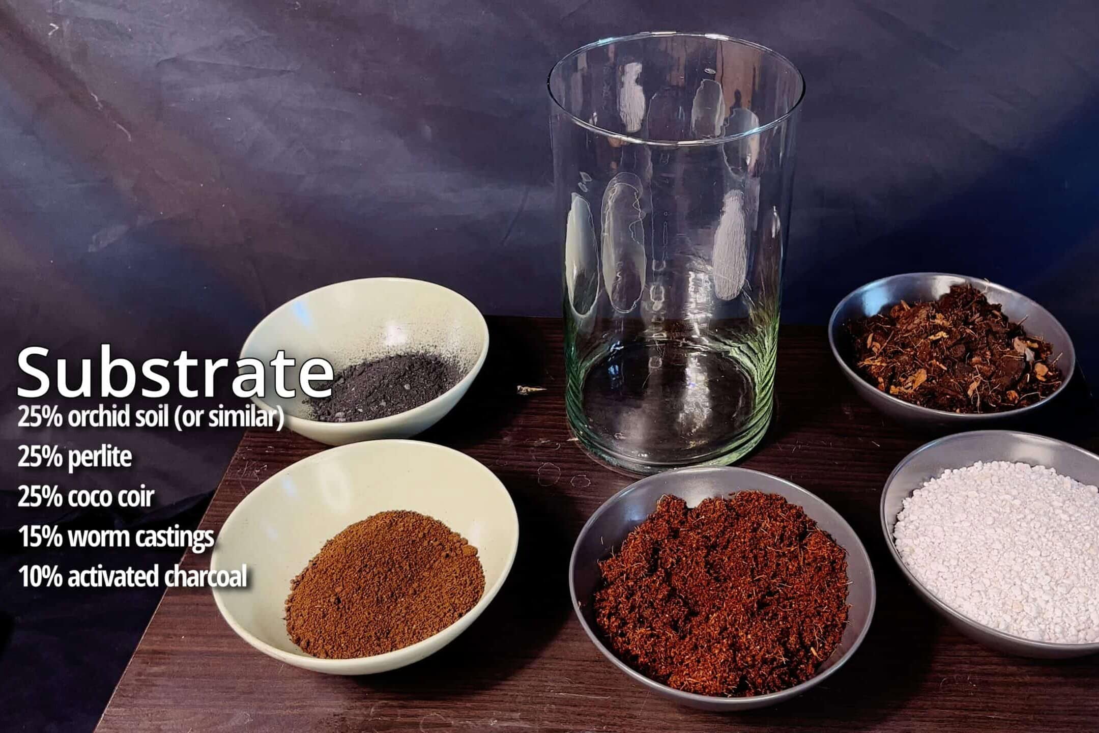 Monstera soil mix ingredients: orchid bark, perlite, coco coir, worm castings and activated charcoal